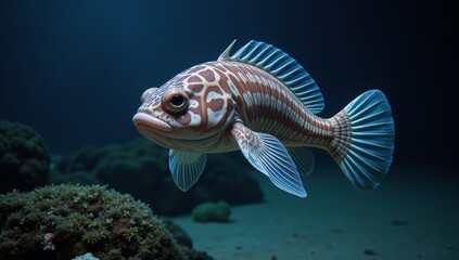 Fototapeta premium Marine hybrid creature adorned with glowing bioluminescence and metallic scales thriving beneath deep-sea currents
