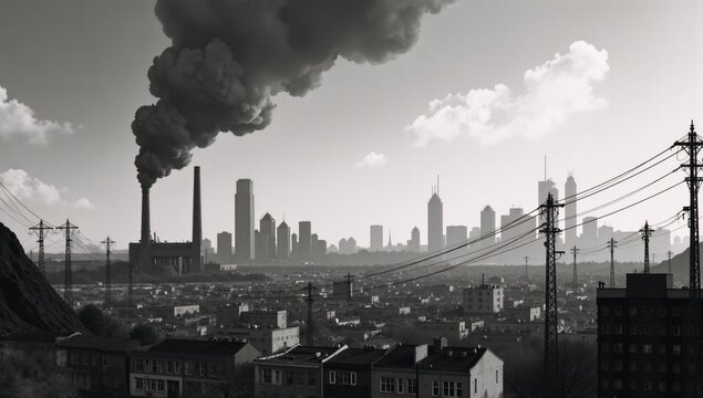 Black Watercolor Illustration Polluted Cityscape with Smoke and Environmental Problem Isolated on White Background Isolated Polluted City