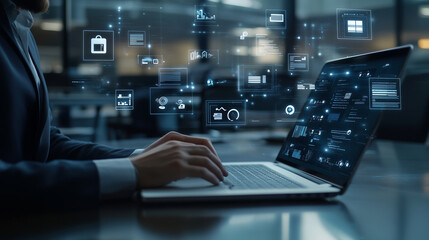 Mężczyzna siedzi przy biurku, intensywnie pracując na laptopie. Na jego ekranie widoczne są ikony reprezentujące r&oacute;żne funkcje zarządzania dokumentami.