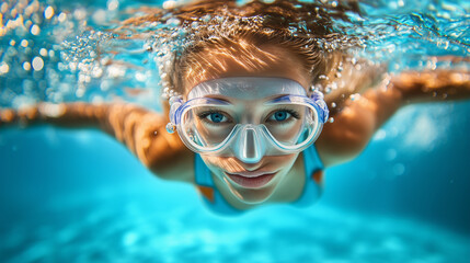 Fototapeta premium W niezwykłym podwodnym ujęciu widzimy kobietę w kostiumie kąpielowym, która z gracją pływa w basenie. 