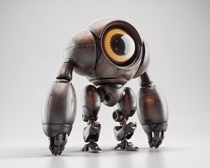 A 3D render of a futuristic robot with a large, illuminated eye on a spherical head.
