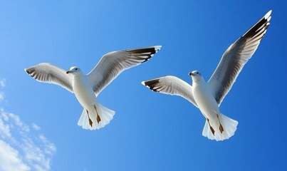 Pair of seagulls flying in the blue sky