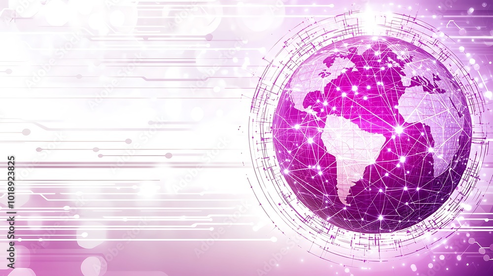 Poster Abstract pink and white background with a globe and connected lines.