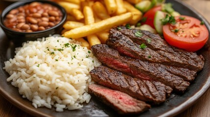 A plate of grilled steak with rice, fries, baked beans, and salad.