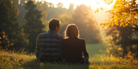 A couple sits together, enjoying a harmonious sunset in a tranquil, picturesque outdoor environment filled with warmth.