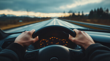Kierowca pewnie trzyma ręce na kierownicy, koncentrując się na drodze przed sobą. Przez przednią szybę widać rozciągający się autostradowy krajobraz.