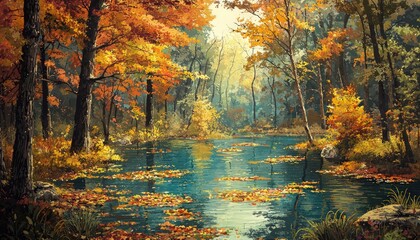 Autumn forest scene with colorful leaves floating on tranquil water, evoking a serene fall day.