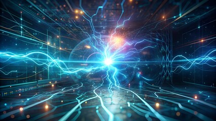 Futuristic energy burst with electric light effects in a digital space