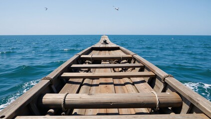 Wooden raft floats on sea
