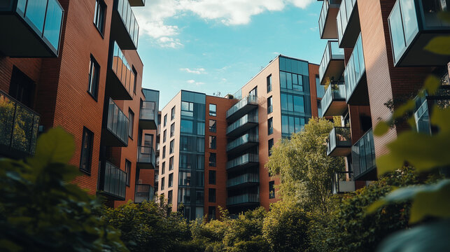 Nowoczesne budynki mieszkalne wznoszą się w otoczeniu bujnej zieleni, tworząc idealną harmonię między urbanistyką a naturą.