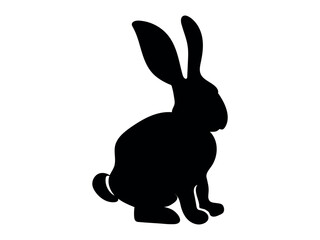 Black Silhouette of Rabbit Isolated on White Background. Easter Bunny. Simple black icon of hare. Concept of Cute Animal Illustration, Minimalist Style. Design Element, Icon, Print, Logo