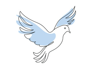Minimalist Line art of dove in flight with Light Blue Accents. Continuous one line drawing. Flying pigeon. Concept of peace, freedom, hope. Isolated on white backdrop. Design element, Icon, Print