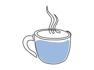 Line art of Blue hot cup with steam. Coffee or tea mug Isolated on white background. Continuous one line drawing. Concept of hot beverage, Morning drink, Minimalist Style, Design Element, Icon, Print