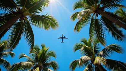 Plane soaring above palm tree-lined horizon during summer season