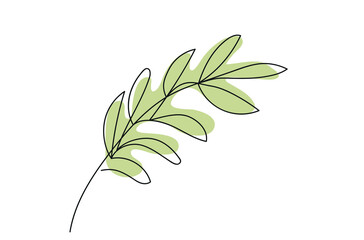 Continuous one line drawing of branch with leaves Isolated on White Background. Line art. Olive branch. Simple Green Leaf Illustration. Plant. Concept of peace, organic element, Nature, Botanical Art