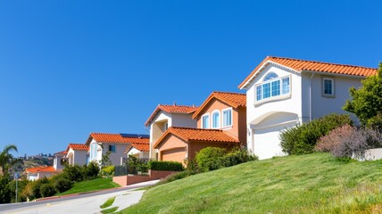 Beautiful hillside neighborhood with modern homes under a clear blue sky in sunny Californian suburb