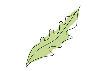 Continuous one line drawing of green leaf isolated on white background. Line art. Concept of nature, ecology, organic shapes, Botanical Art, outline. Dandelion leaf. Design element, print, icon