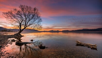 A serene landscape at sunset, a calm body of water reflecting vibrant hues with death tree
