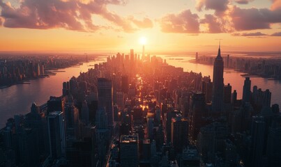 Fototapeta premium Rule of thirds in a cityscape with skyline at sunset