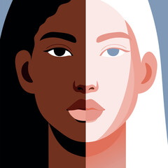Two parts of  women faces, one with dark skin and the other with light skin. Flat vector illustration