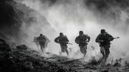 Black and white image soldiers running through rugged terrain, symbolizing perseverance and courage in adversity
