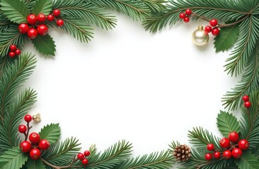 Christmas Border frame of tree branches red berries and pine cones