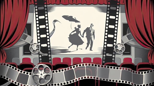 Vintage Film and Cinema-Themed Background with Red Curtains, Film Strips, Reels, and Cinema Seats in Old Hollywood and Comic Book Style – Perfect for Retro Movie Designs
