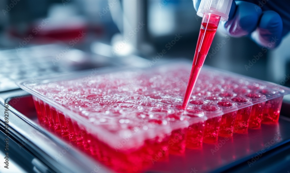 Poster scientist using multi pipette red fluid into trays at a biotech