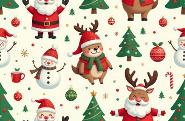 funny Christmas characters seamless pattern with Santa, snowman, Christmas tree