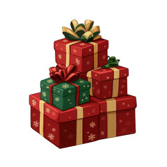 stack of christmas gif boxes, red and green present with gold ribbon and bow