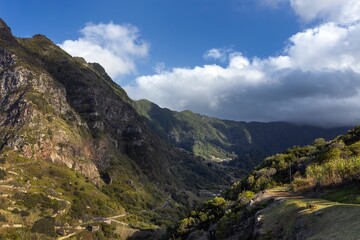 Mountains of the island Madeira Portugal. Rocks and mountains near the ocean in the evening light. Rock formations. 