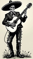 Obraz premium A man dressed in a sombrero and black suit playing a guitar