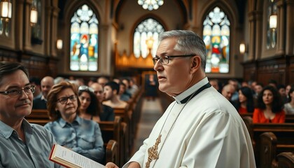 Obraz premium Priest reading the Bible and giving a sermon to a crowd in a church.