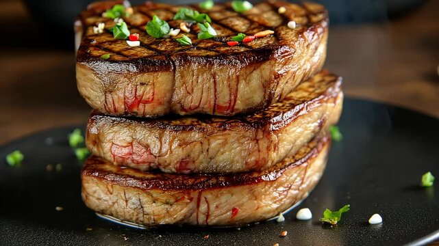 Sizzling grilled steaks stacked high and steaming with flavor