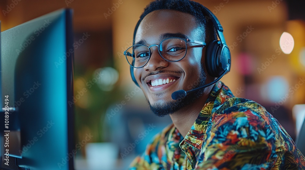 Poster friendly call center agent wearing a headset and working at a computer, delivering professional cust