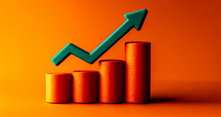 Upward growth chart on orange. A colorful growth chart with orange bars and a green upward arrow shows increasing progress or data trends against a bright backdrop.