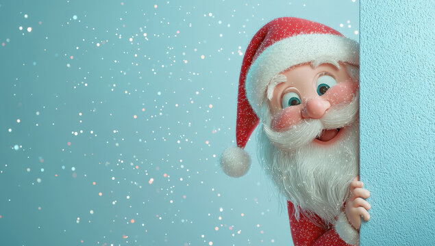 Fondo navide&ntilde;o con un dibujo animado de Pap&aacute; Noel asom&aacute;ndose detr&aacute;s de un muro, con fondo con glitter brillante y nive  con espacio vac&iacute;o  para publicidad