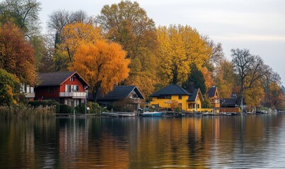 Fototapeta premium Trees and shoreline with row of houses along a lake front
