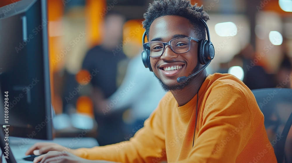 Poster friendly call center agent wearing a headset and working at a computer, delivering professional cust