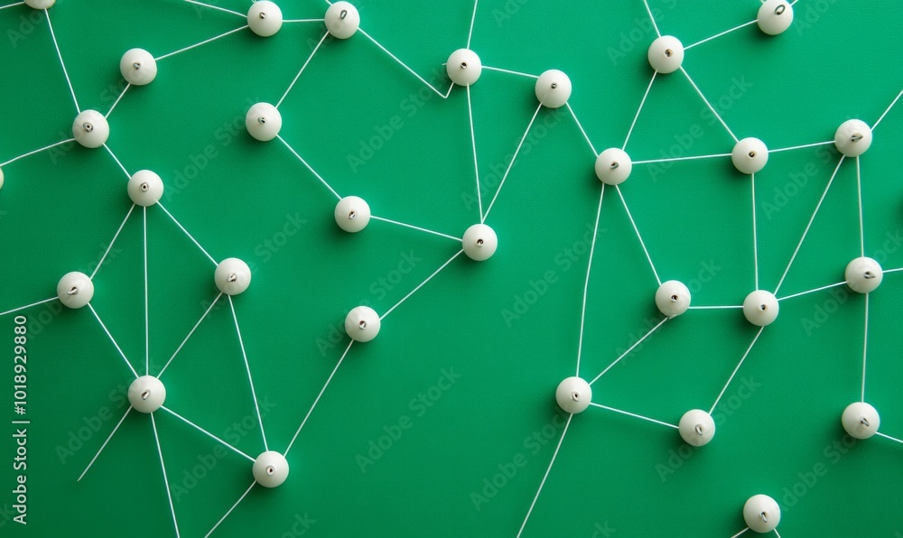 Poster push pins connected with white string on green background