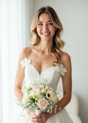 Naklejka premium Portrait of a young bride holding a bouquet, smiling sweetly in a white wedding dress with a soft, white-toned background and natural light.