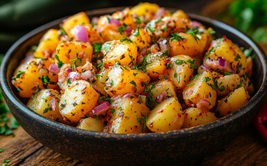 Delicious herb-seasoned diced potatoes in a bowl. A vibrant bowl filled with seasoned diced potatoes, featuring fresh herbs and chopped onions, perfect for a flavorful side dish.