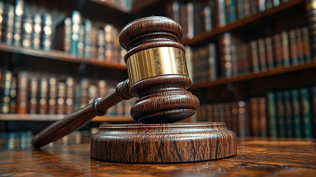 Judge delivering a decisive strike with a gavel in a courtroom setting