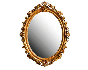 Elegant vintage oval mirror with ornate golden frame, white isolate background.