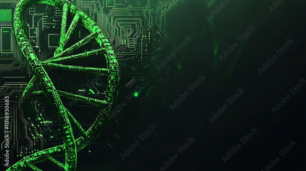Poster Green glowing DNA helix on dark digital background with circuit board and data lines.