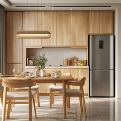 Stylish home kitchen interior with dining table and cooking cabinet, fridge 
