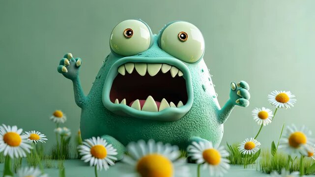 Friendly monster screaming surrounded by flowers