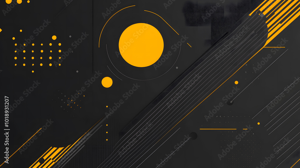 Poster black and yellow background design, flat design style with geometric shapes and lines in the foregro