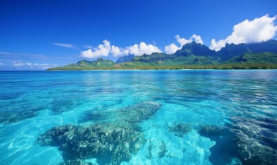 Vibrant azure blue south pacific ocean water. The clear sea reveals beautiful coral reefs at Bora Bora island in French Polynesia
