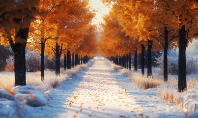 Naklejka premium Snow-covered path lined with autumn trees